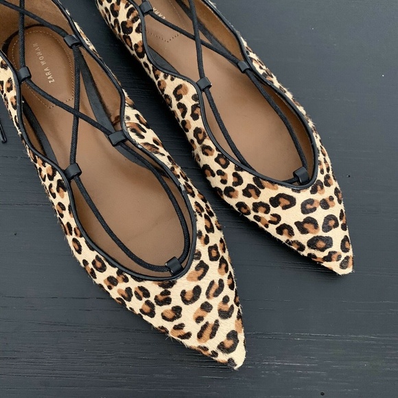 Zara Brown Leopard Pointed Toe Lace Up Flats - Picture 4 of 8